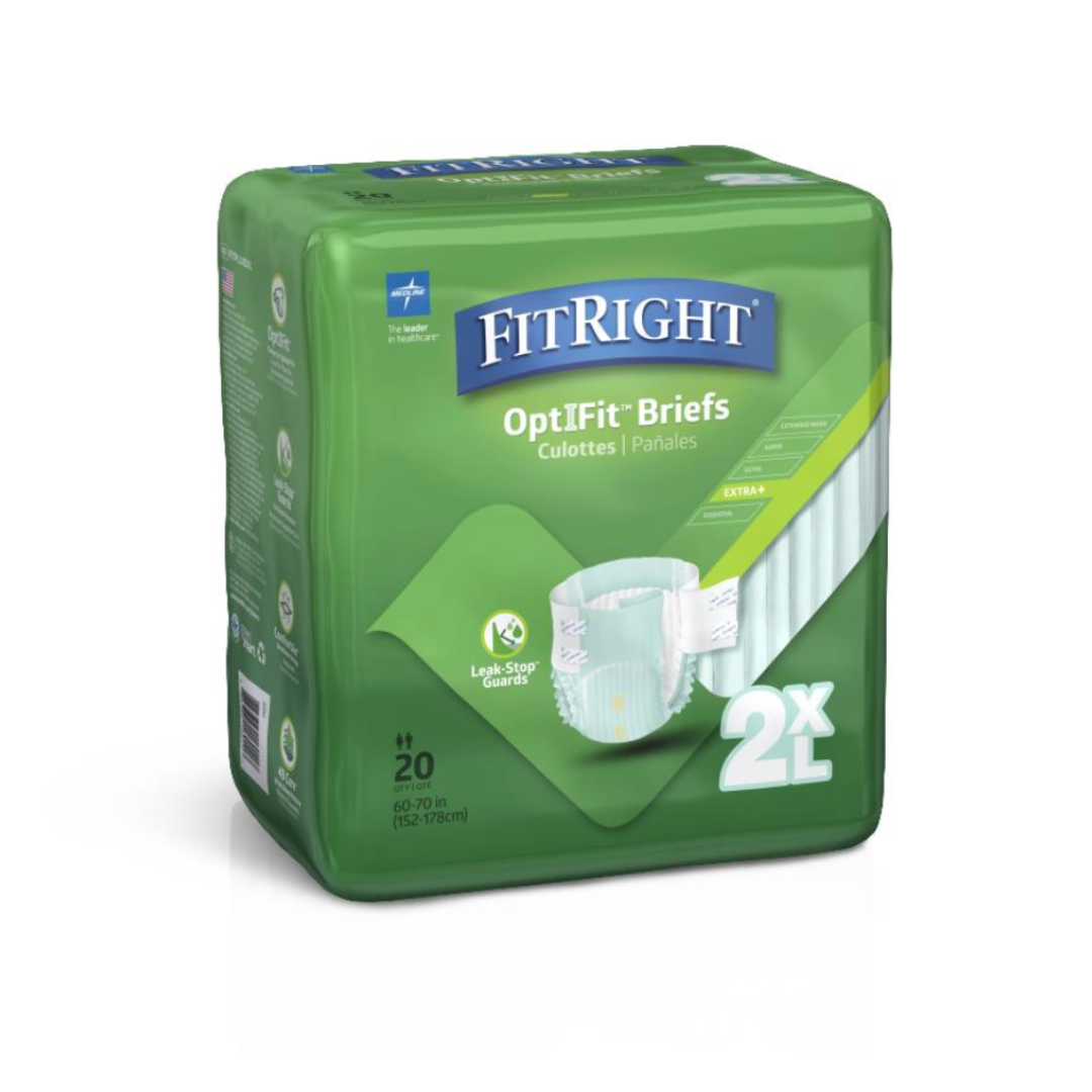 The image shows FitRight Unisex Plus Incontinence Briefs in a green pack with white and blue text, containing 20 heavy absorbency briefs for waist sizes 60-70 inches (152-178 cm), featuring Leak Stop Guards and adjustable tab closures.